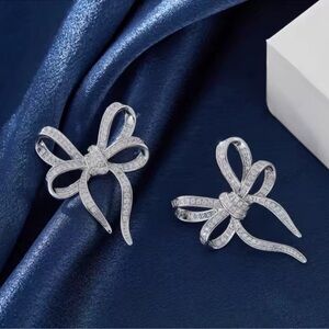 Diamond Bow Ribbon Crystal Elegant Silver Earrings